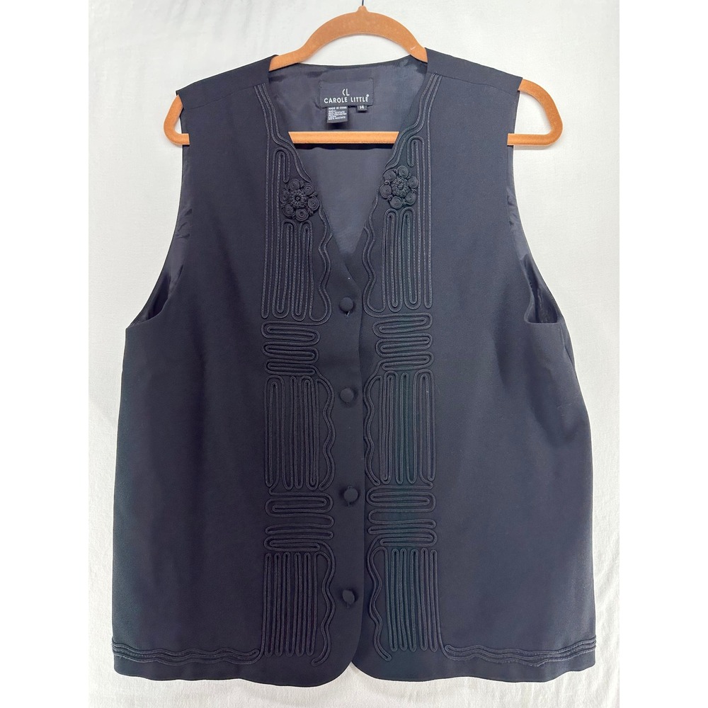 Carole Little Vintage Black Soutache Embroidered Button Front Vest Womens 14